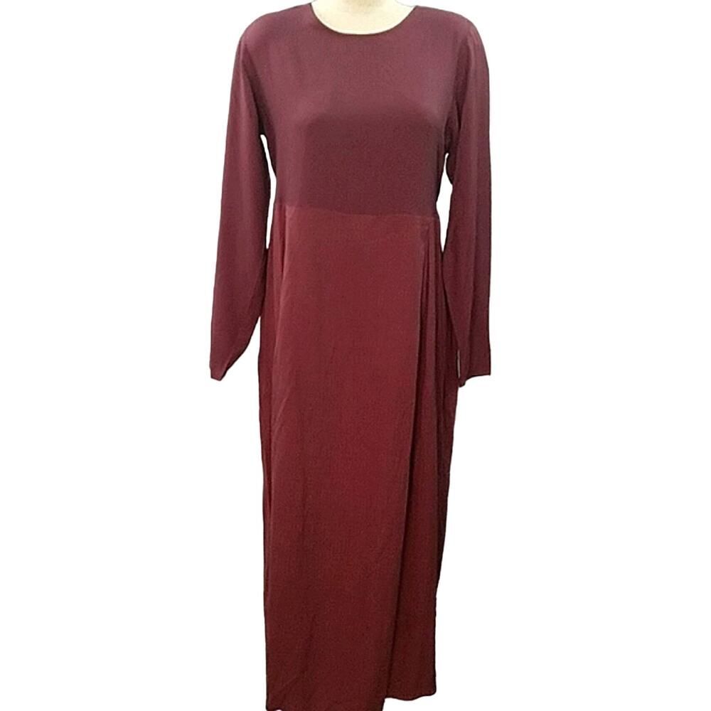 Eileen Fisher 100% Silk Burgundy Maxi Dress Belted Wine Long Sleeve Sz 1 Small
